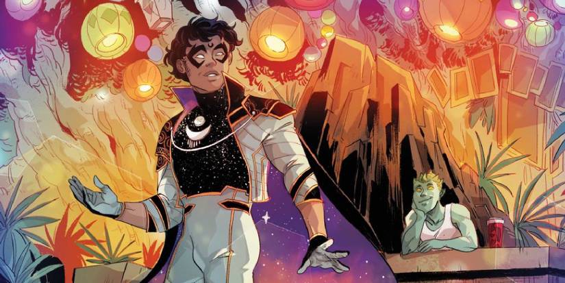 Somnus in a cosmic world being admired by an alien boy