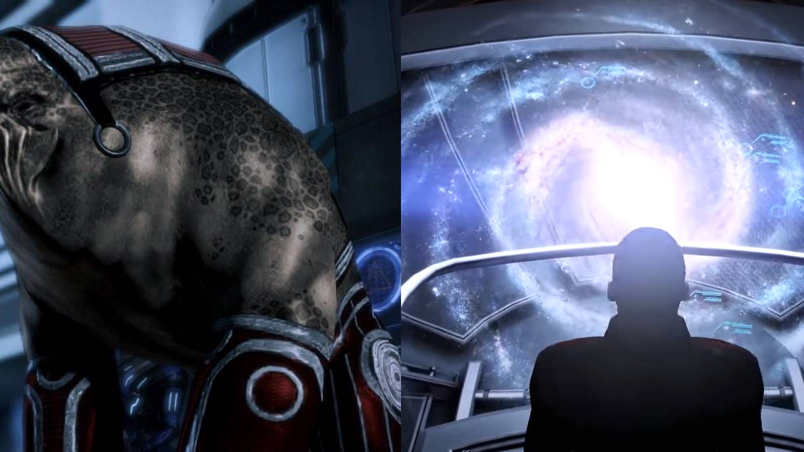 The Elcor Ambassador from Mass Effect 3 and male Shepard looking at Galaxy Map
