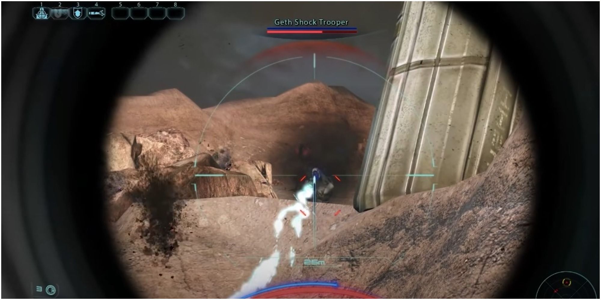 Mass Effect Legendary Edition Aiming A Sniper Rifle At A Geth Head