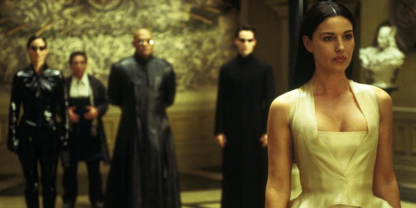 Matrix Reloaded Neo persephone looking on in Merovingian estate