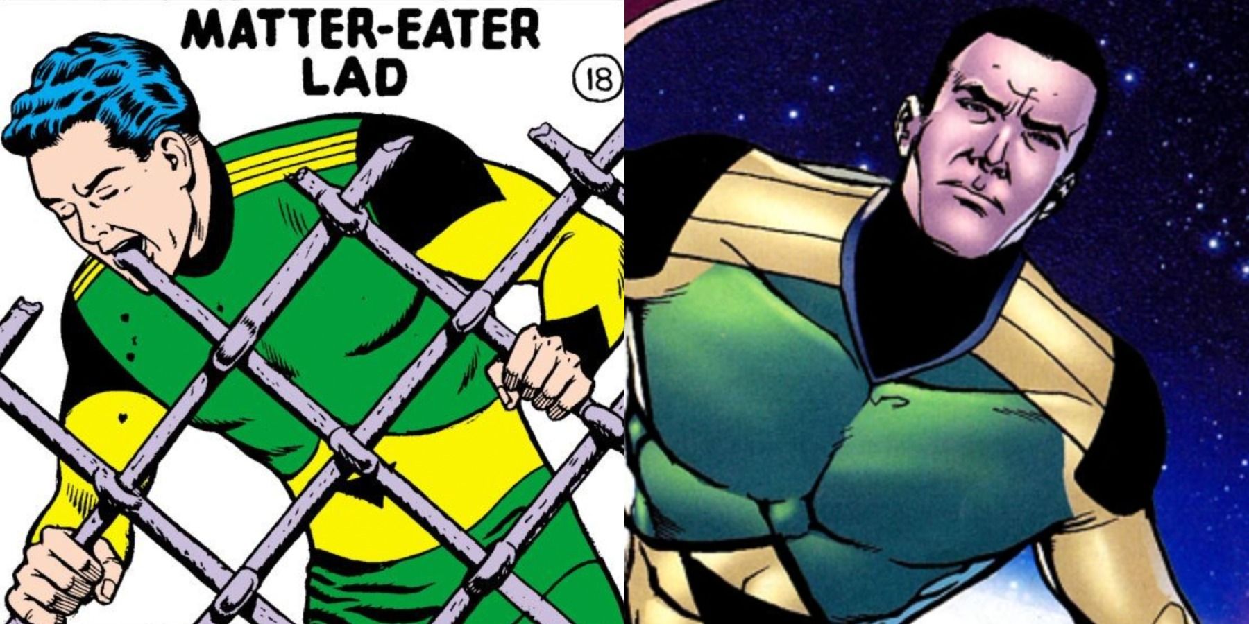 A split image depicts Matter-Eater Lad in his original and modern comic book designs