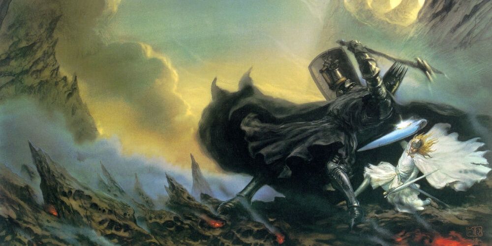 Dark Lord Melkor, or Morgoth, fighting Fingolfin the elf in the Silmarillion