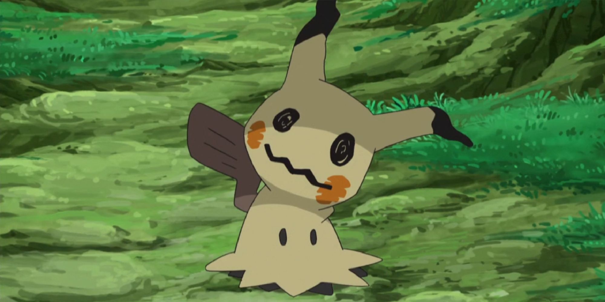 A wild Mimikyu in a forest