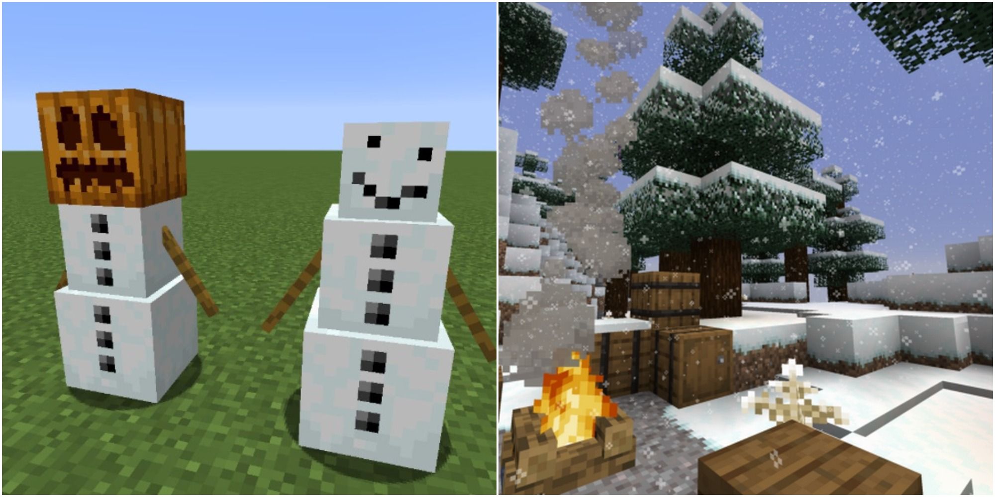 Minecraft split image of snow man snow golem and snowy wilderness with campfire