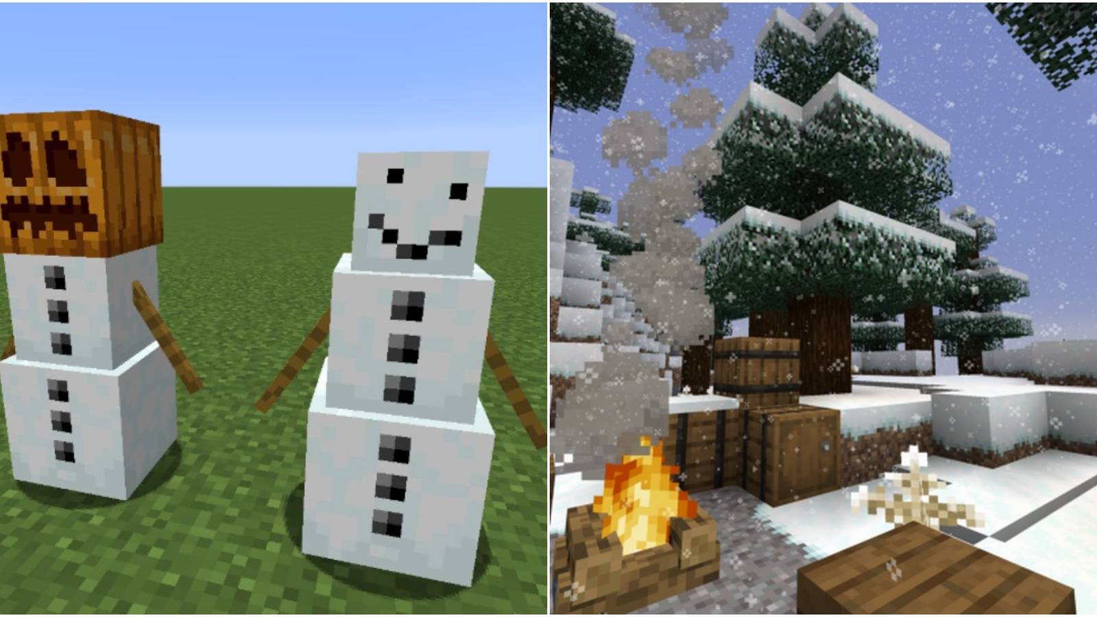 Minecraft split image of snow man snow golem and snowy wilderness with campfire