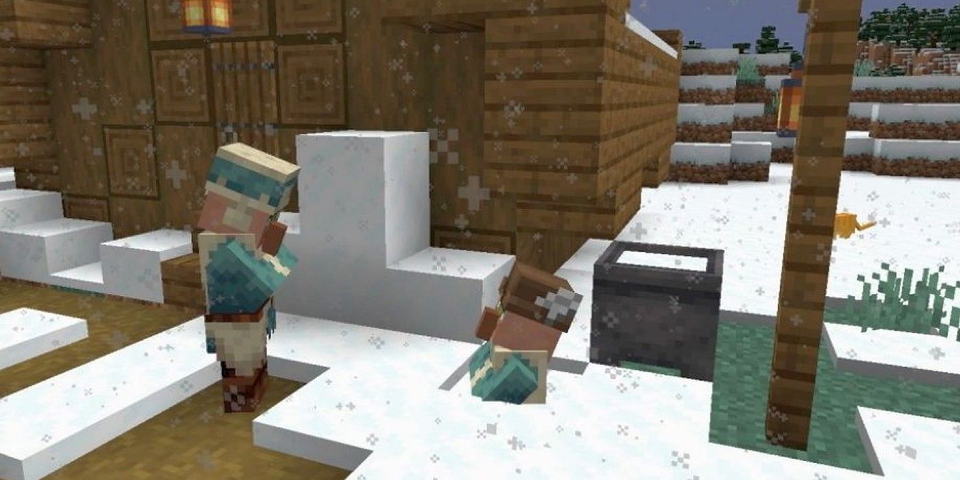 Minecraft player sunken in powedered snow looking up at other player near building