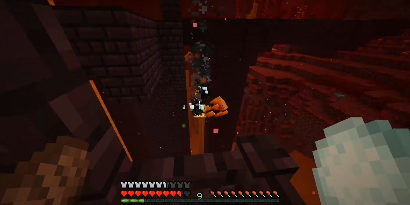 Minecraft snowball thrown at Blaze falling off cliff in dark Nether