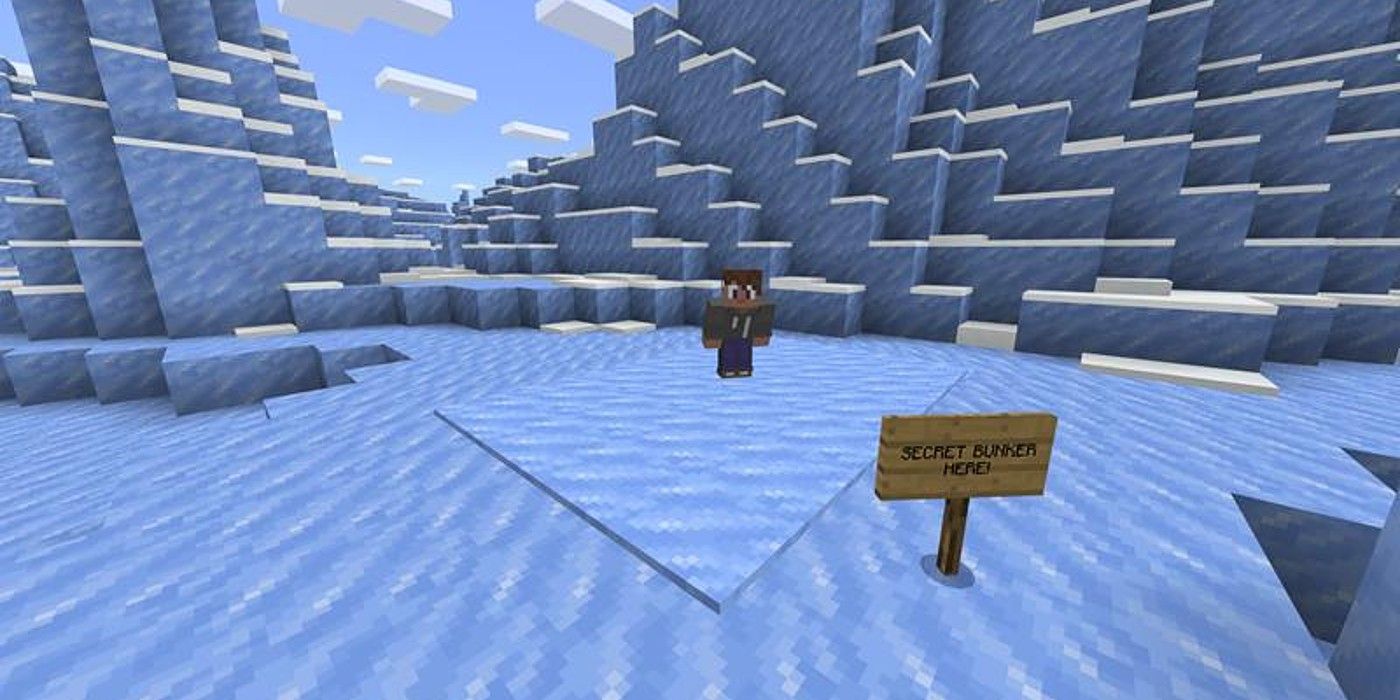 Minecraft snowy secret bunker with player, sign, and ice shelf
