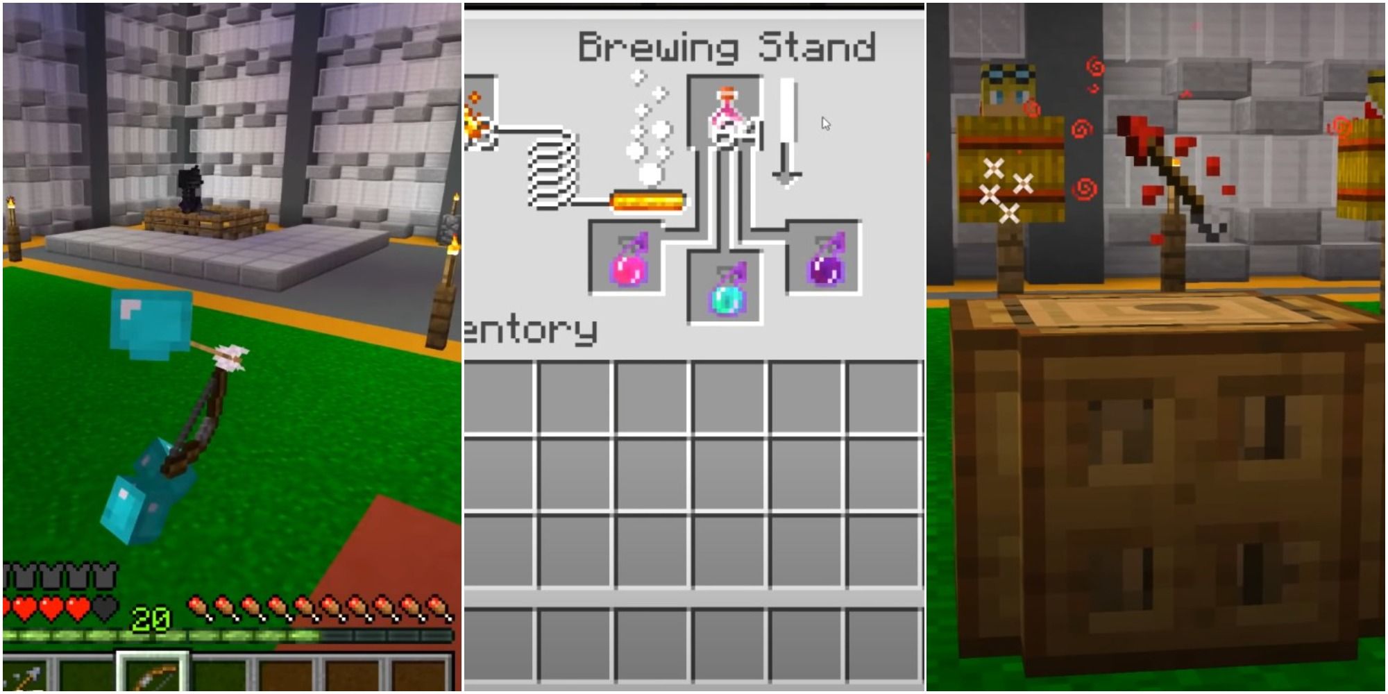 split image of invincible player, Brewing Stand, and Tipped Arrow in Minecraft