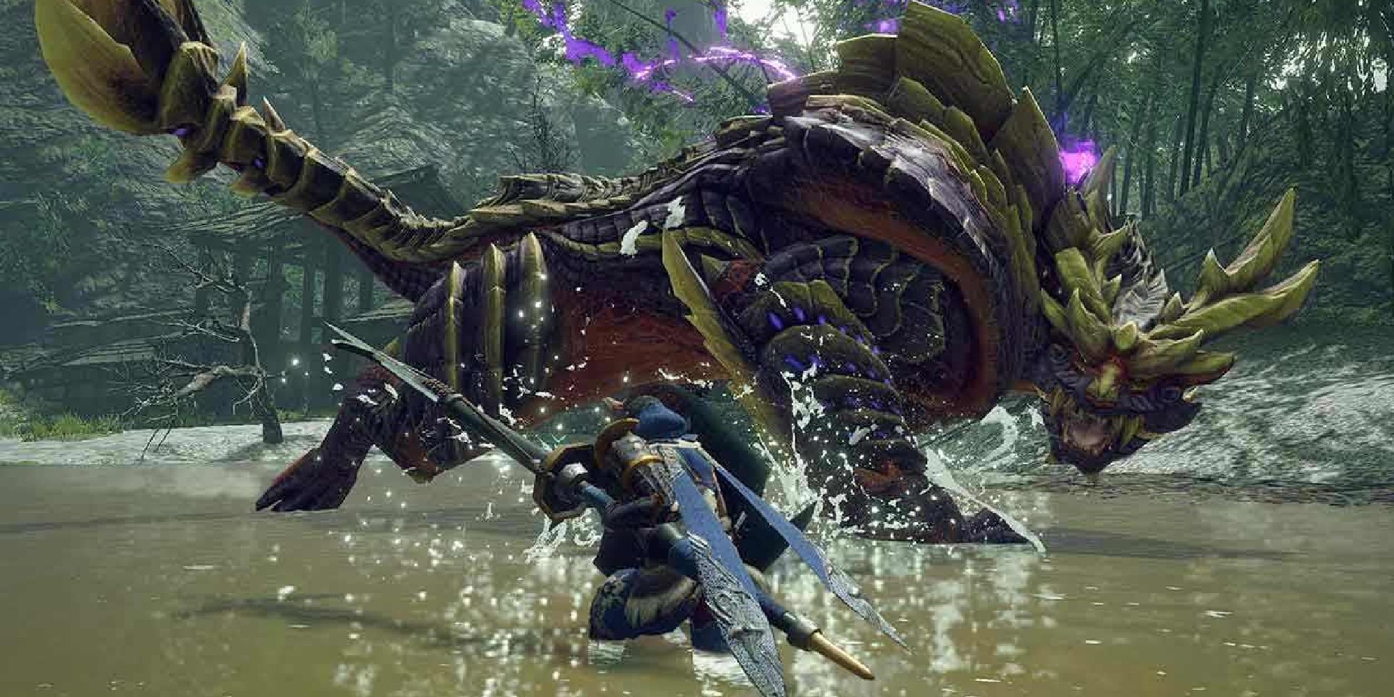 A Lance-using Hunter battling a Magnamalo in a swamp in Monster Hunter Rise