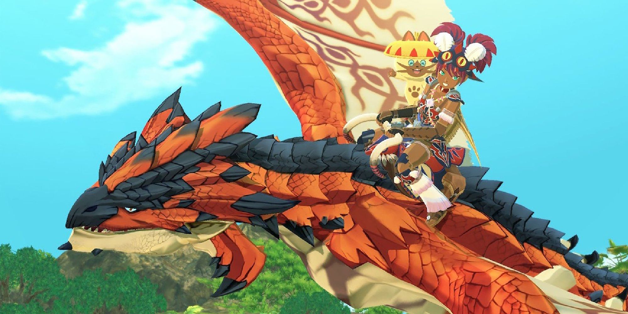 A Hunter flying on the back of a Rathalos in Monster Hunter Stories 2