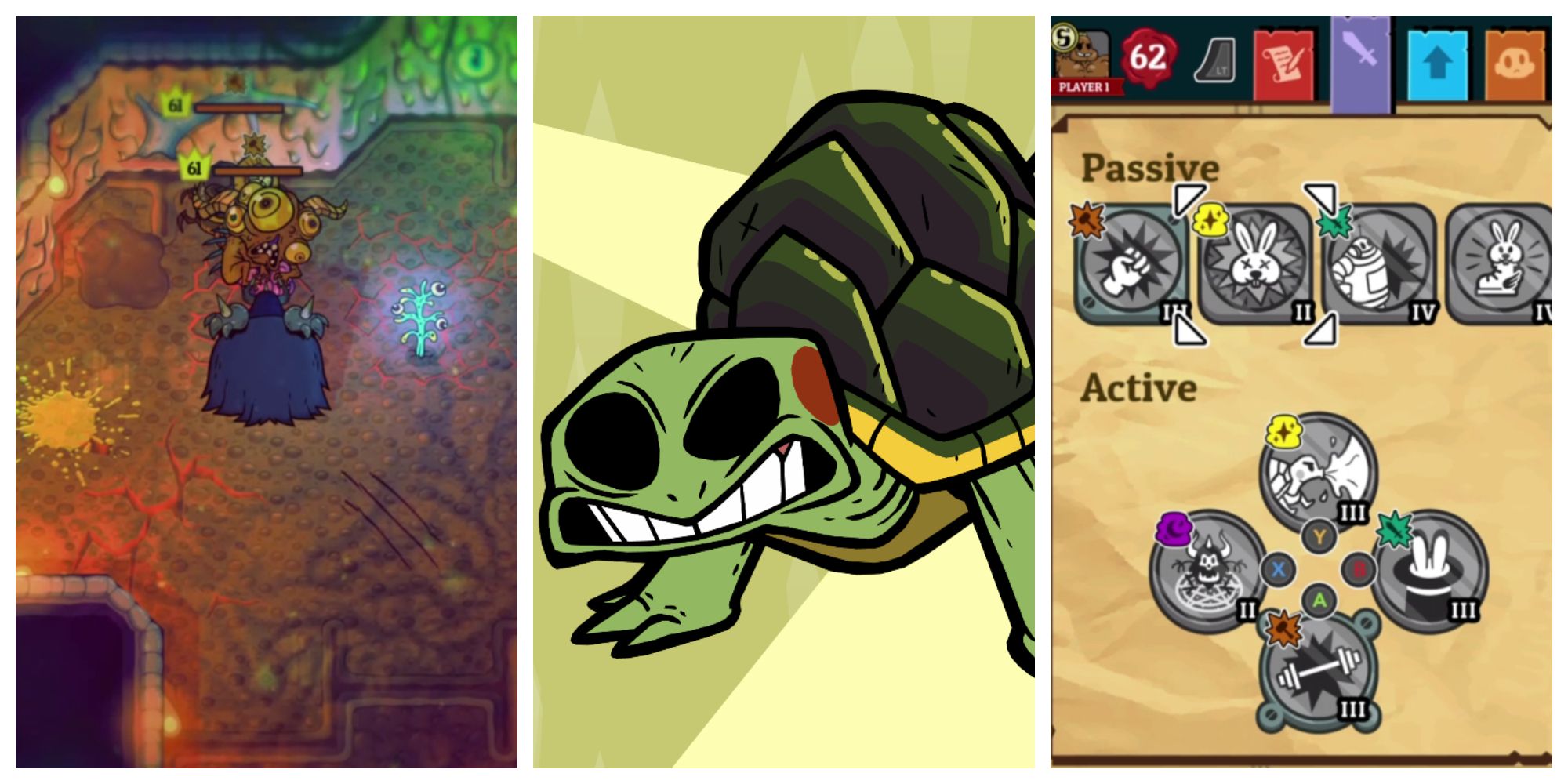 black robed figure facing two brown tinted monsters; a cartoon turtle with no eyes grimacing; a customization menu with four passive perks at the top and four active abilities on the bottom