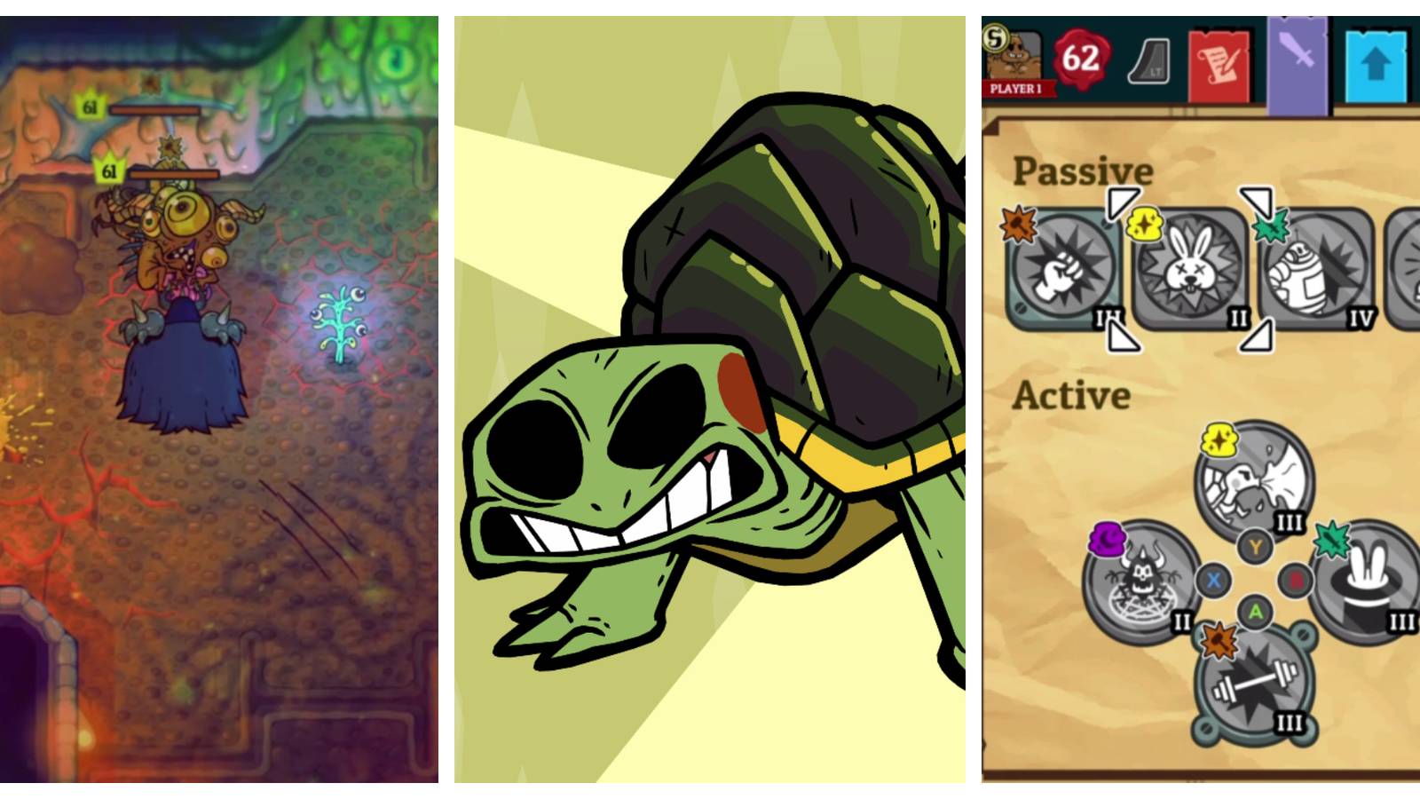 black robed figure facing two brown tinted monsters; a cartoon turtle with no eyes grimacing; a customization menu with four passive perks at the top and four active abilities on the bottom