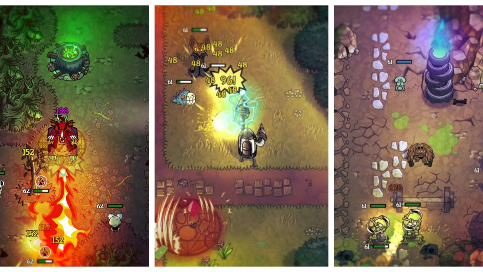 a dragon breathing fire on enemy monsters; a robot using an electrically charged drill on monsters; a bodybuilder throwing a barbell at a group of skeletons