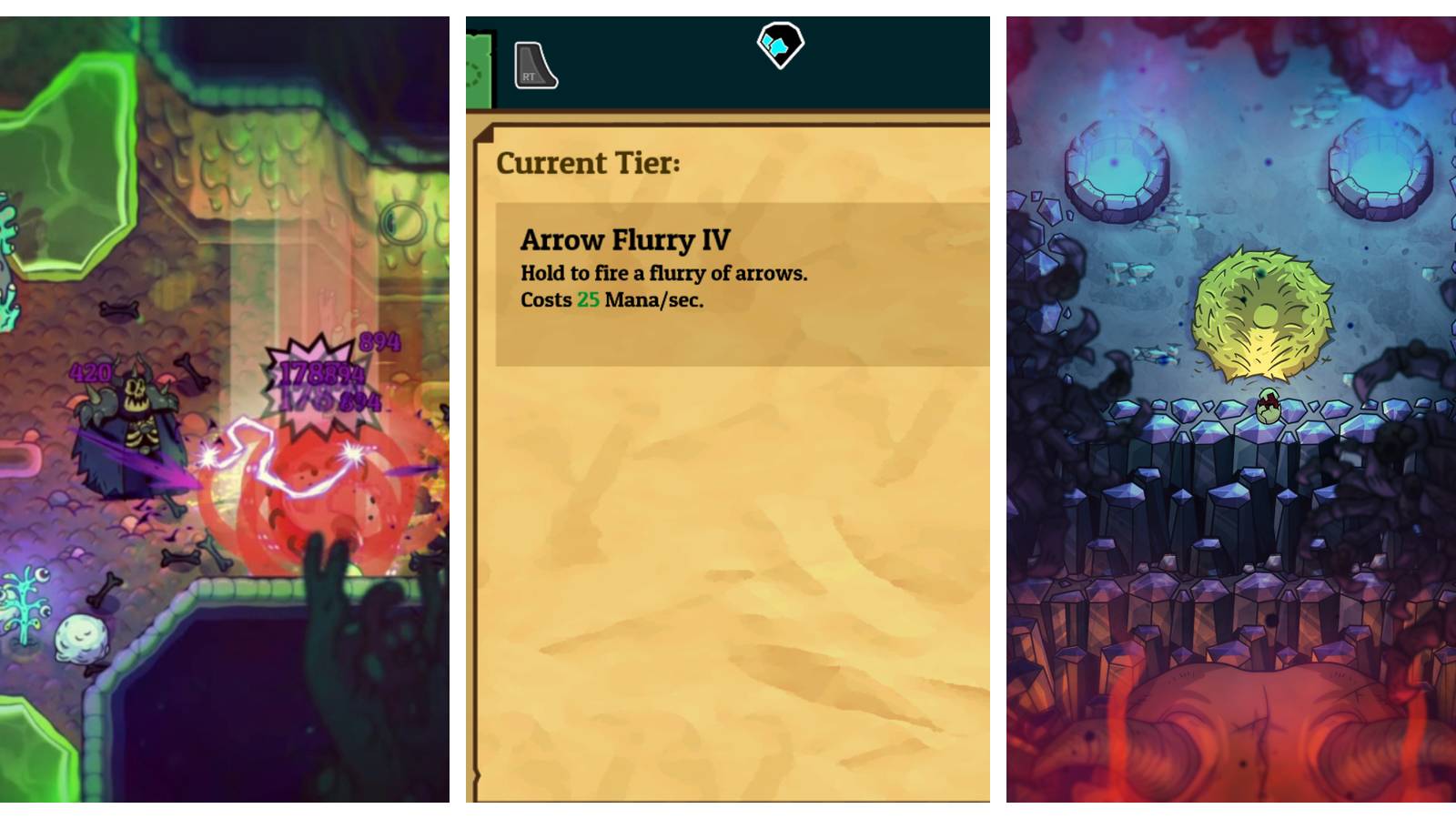 a skeleton shooting lightning at monsters; a description of the arrow flurry ability; a cracked egg in front of a nest on a dark cliff