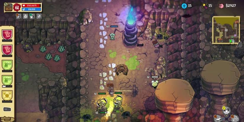 a buff man throws a barbell at a group of enemies that are standing on a rocky path