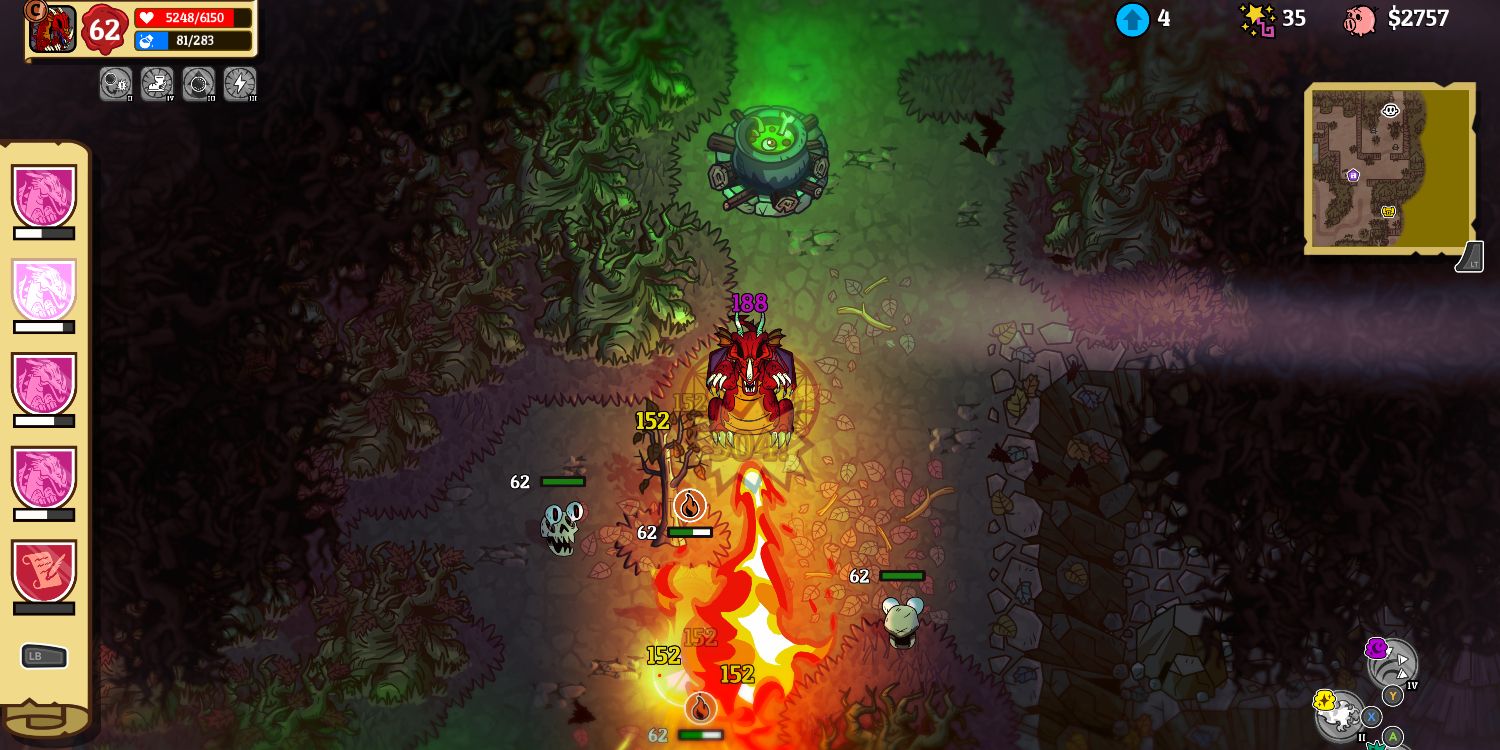 a red dragon breathing fire on a group of animated skulls on a dimly lit, cliff-side path