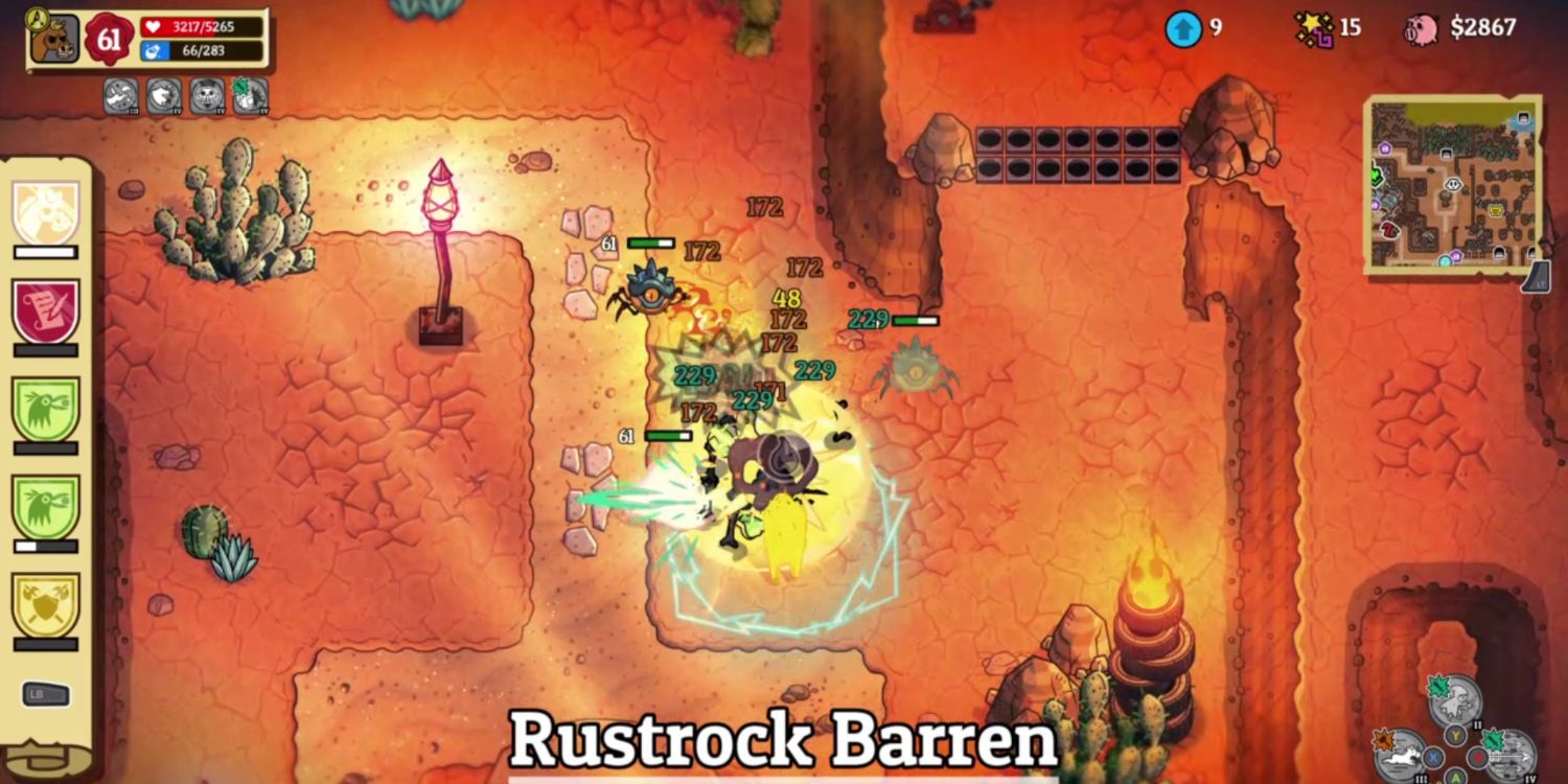 a glowing yellow horse charges through a crowd of enemies leaving damage numbers flying overhead