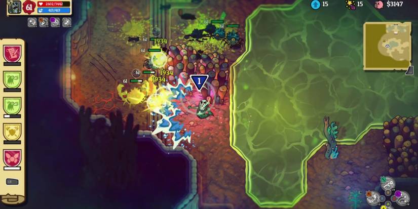 a pale blue mermaid with sharp teeth blasts a group of enemies with a wave of water