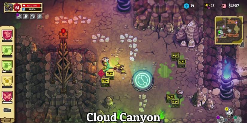 a small woman in a yellow tunic and cone hat shoots an arrow at some boxes in a dark, rocky environment