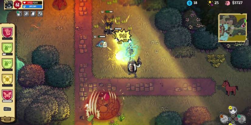 a robot is attacking a group of monsters with a drill that is spinning and charged with electricity 