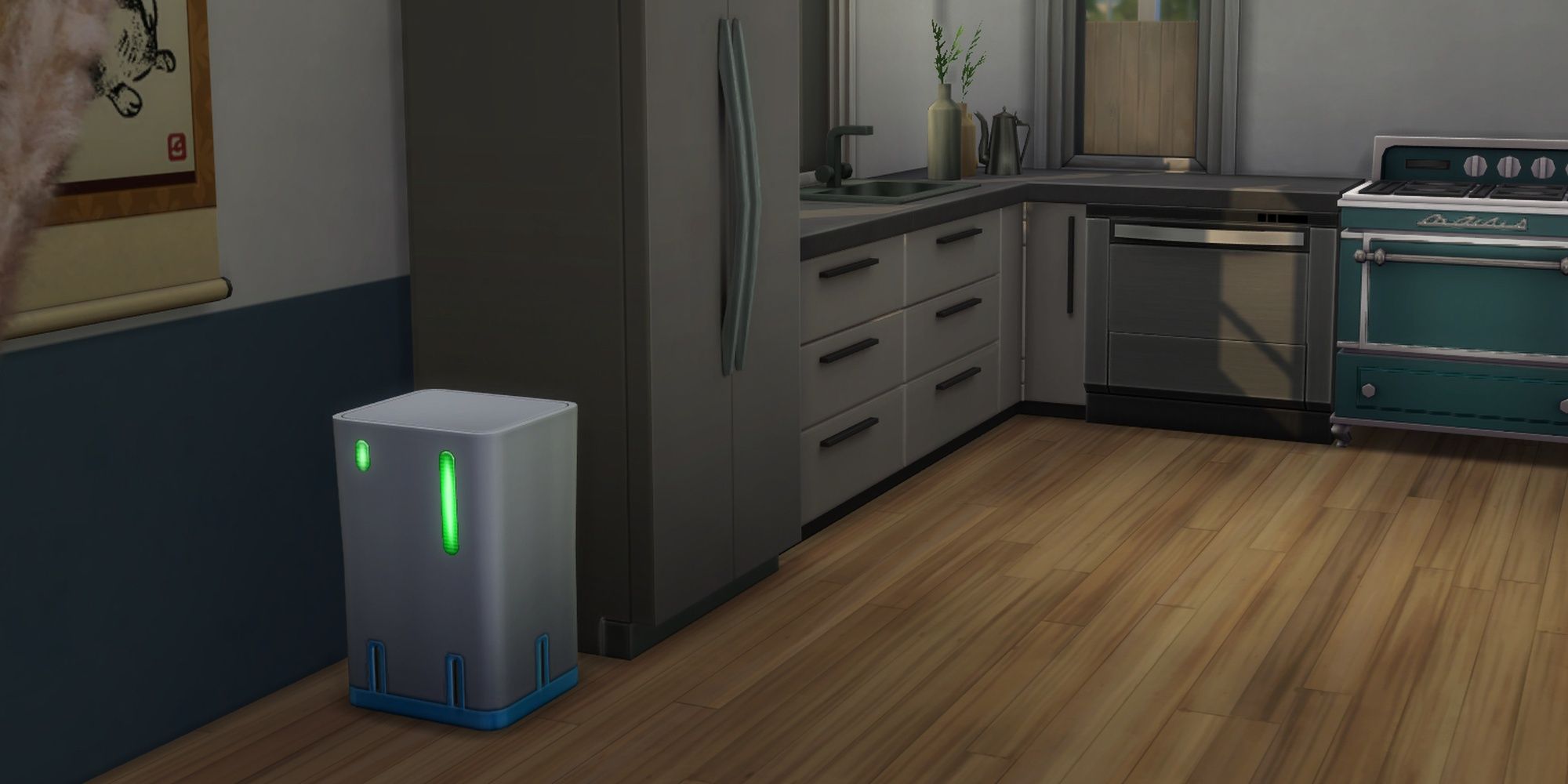 A small, futuristic looking trash can styled into a teal and gray kitchen in The Sims 4.