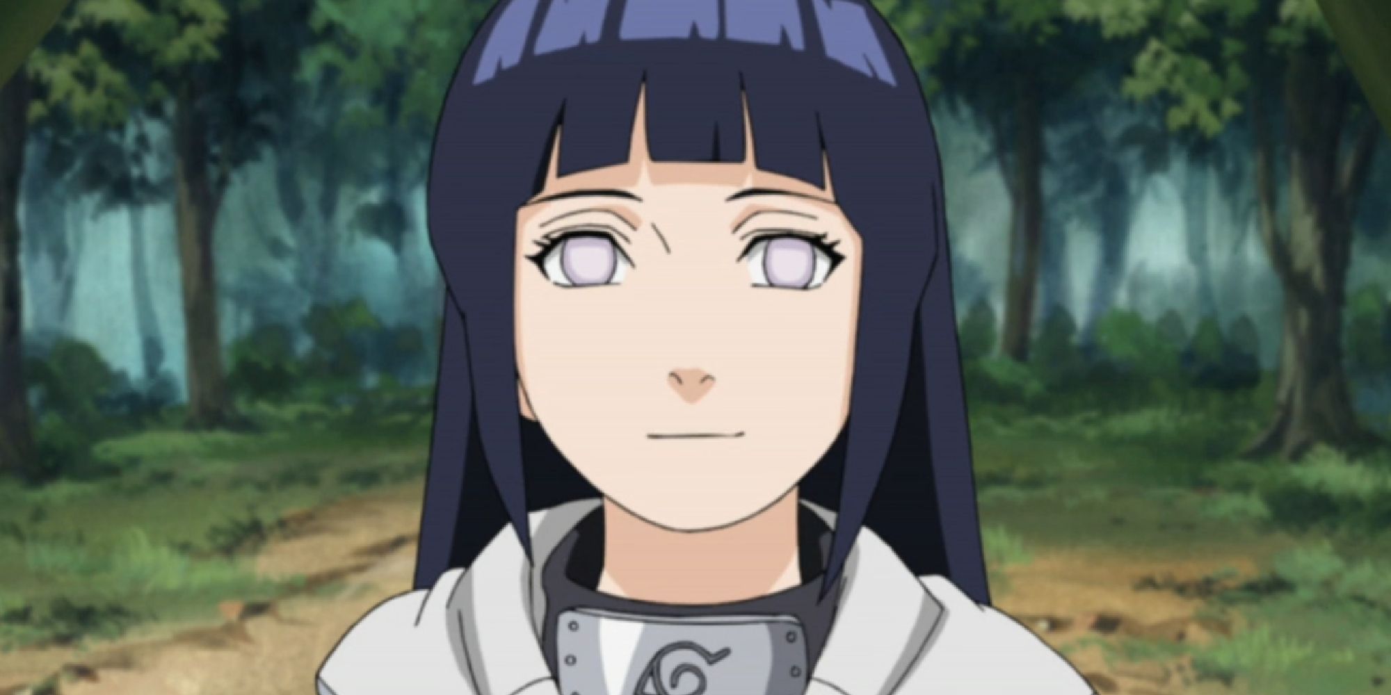 Close-up of Hinata Hyuga standing in a forest