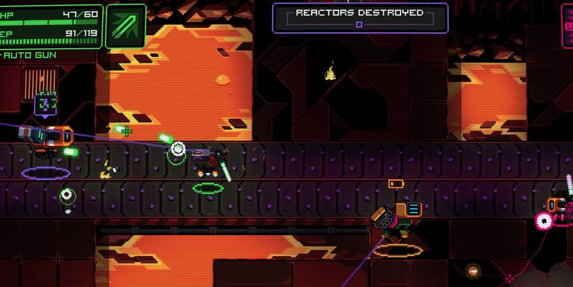 NeuroVoider sci fi military industrial bridge over lava with shooting turrets