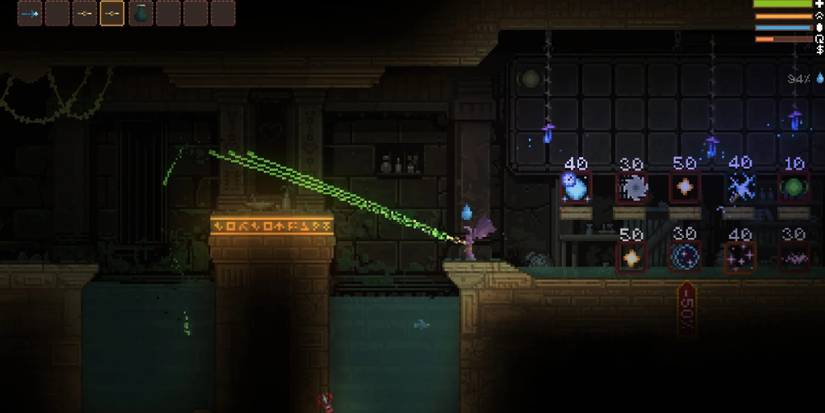 Noita - Three of the "Bouncing Burst" spells being fired.