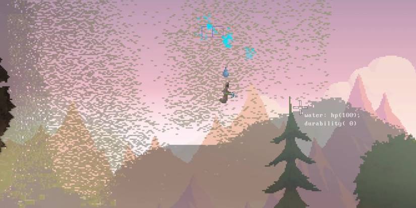 Noita - An image of the "Dormant Crystal" spell being used with the 'Water Trail" modifier.