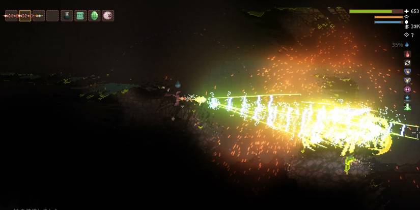 Noita - The spell "Luminous Drill" and modifier "Ping Pong Path" is combined to form a powerful laser.