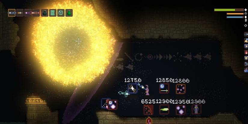 Noita - An image of the "Orbiting Arc" modifier being used on another spell.