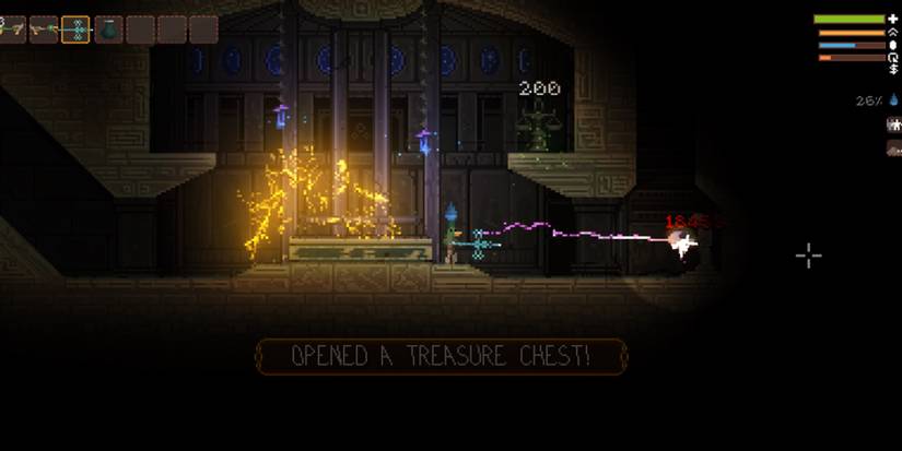 Noita - The spell "Spark Bolt" is being used.