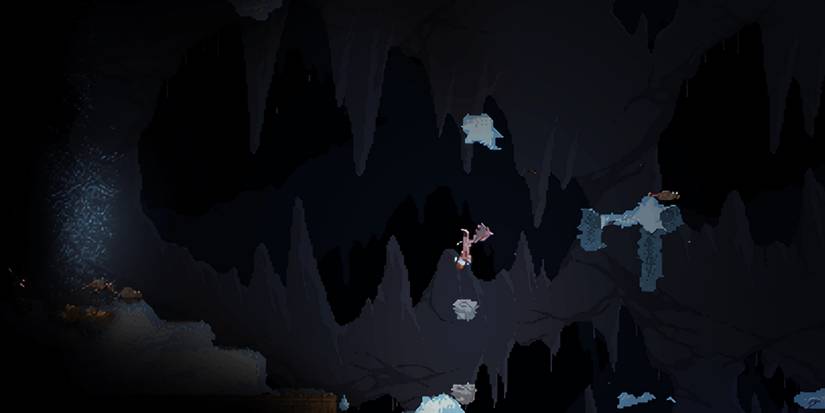 Noita - The "Summon Rock" spell and the "Homing" modifier are being used here.