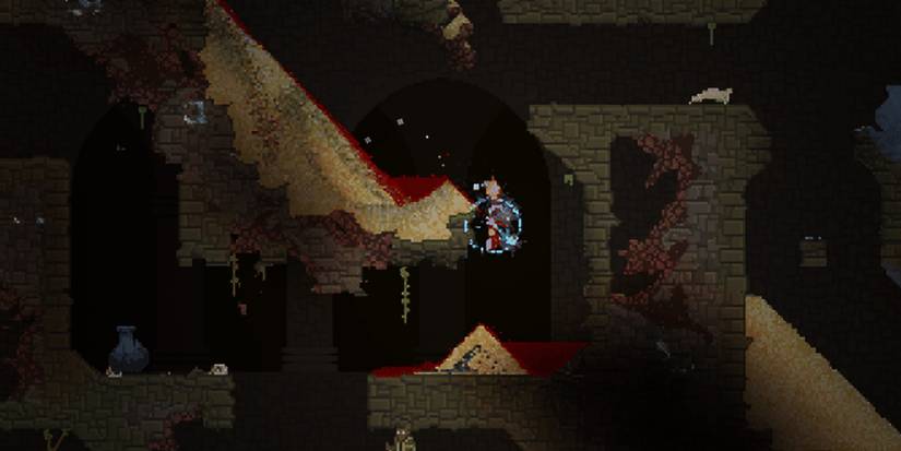 Noita - The aftermath of combining the "Tentacle" spell with the "Freeze Charge" modifier.