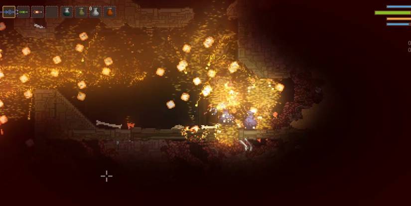 Noita - A multitude of "Triplicate Bolt" spells being fired.