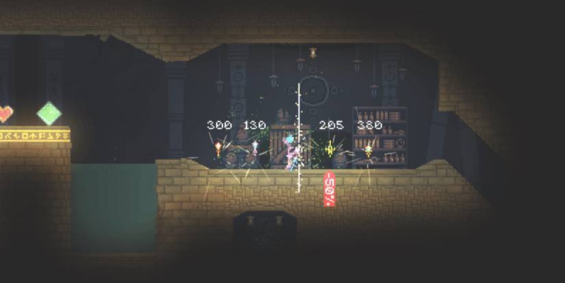 Noita - An image of the "Vertical Barrier" spell being used.