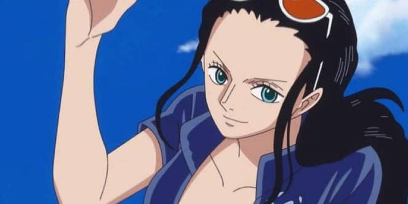 Post-timeskip Nico Robin wearing sunglasses and standing outside in One Piece