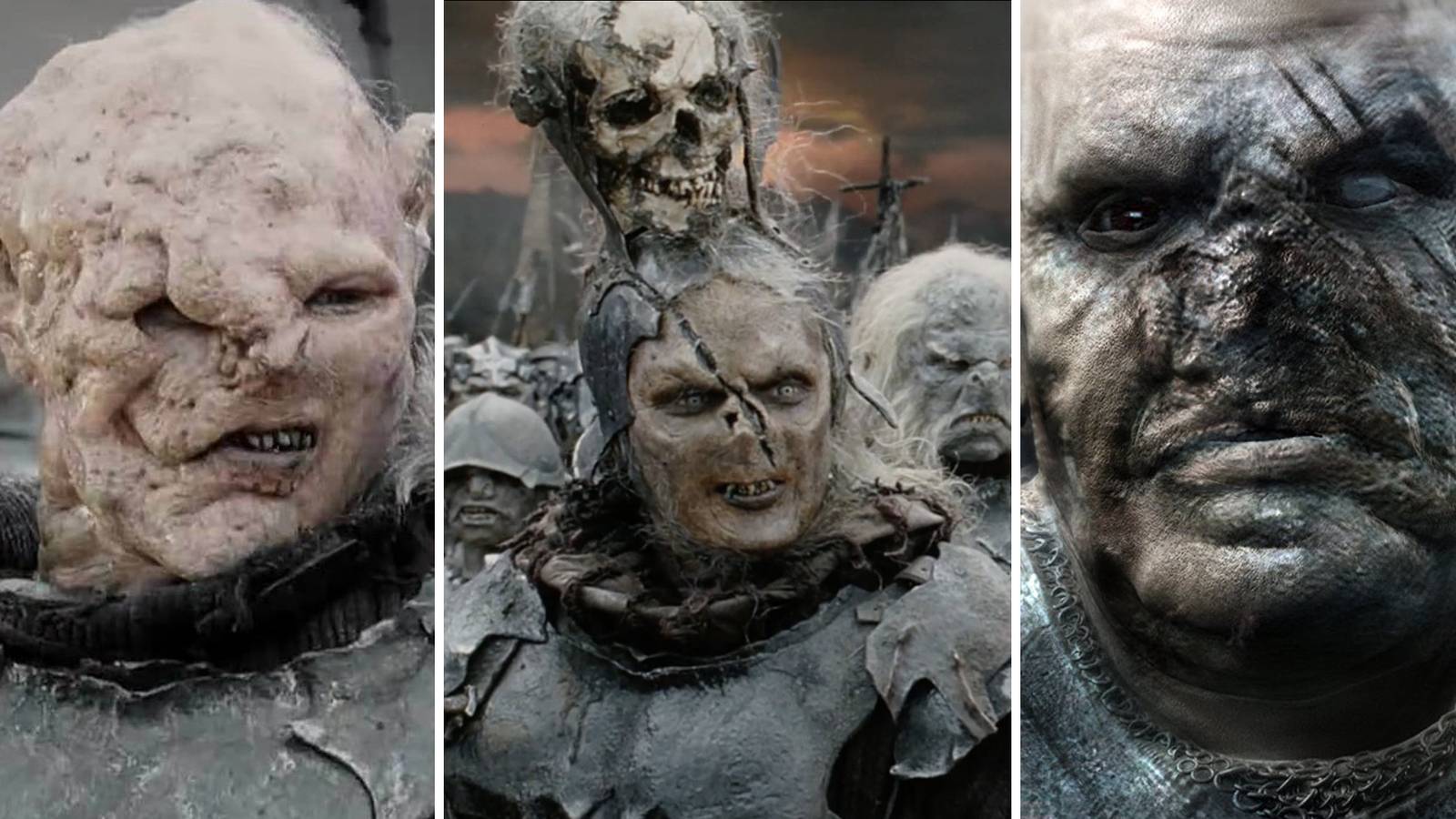 Split image of a lone Orc, Three orcs, including Gothmog, and another lone Orc The Lord of the Rings: Return of the King