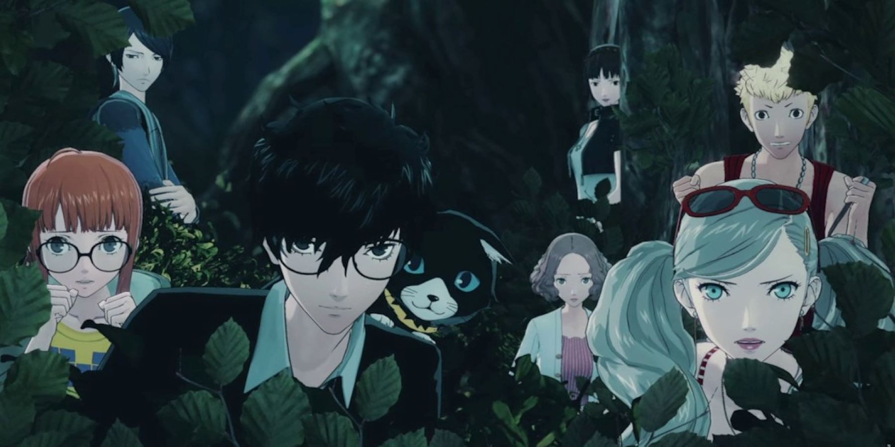 Joker and the Phantom Thieves hiding in the Okinawa forest in a Persona 5 Strikers cutscene