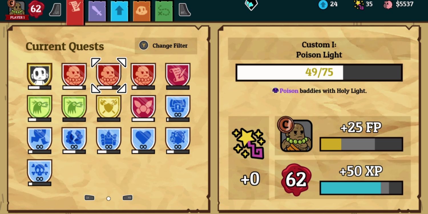 quest menu screen with several quest tiles on the left and a closeup on "custom 1: Poison Light" on the right