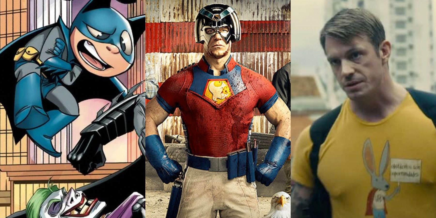 A split image depicts Bat-Mite in DC Comics, Peacemaker in the HBO Max series, and Rick Flagg in The Suicide Squad