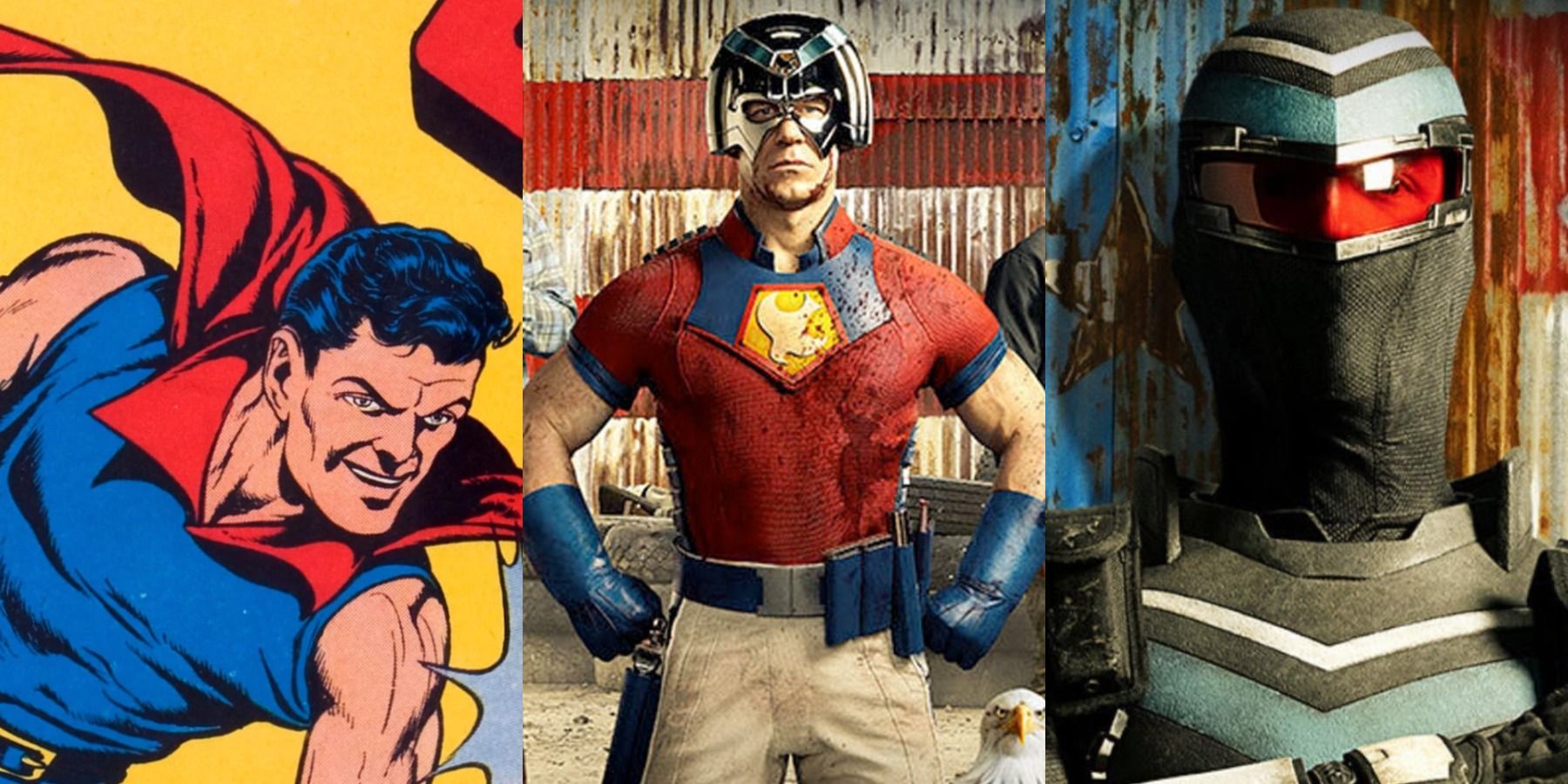 A split image depicts Doll Man in DC comics, Peacemaker in the HBO Max series, and Vigilante in Peacemaker