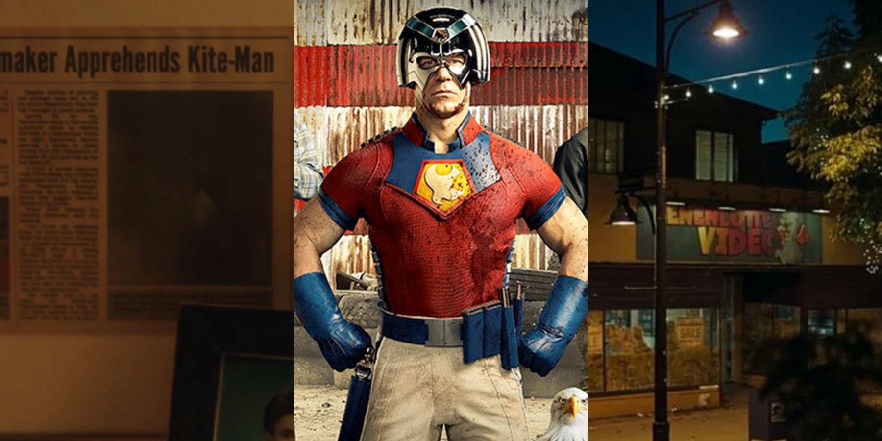 A split image features a Kite-Man Easter egg, James Gunn as Peacemaker, and Henenlotter Video from Peacemaker Episode 5
