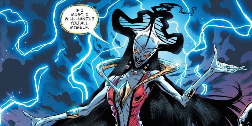Perpetua from DC Comics, wreathed in lightning