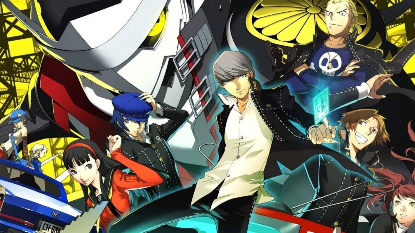 Art of Persona 4's Investigation Team in the Midnight Channel, with the Persona Izanagi and the Velvet Room's Marie and Margaret in the background