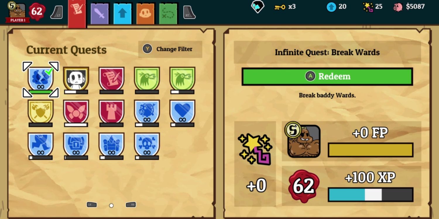 a quest menu screen with a parchment paper background and the cursor over a quest marked "infinite quest: break wards"
