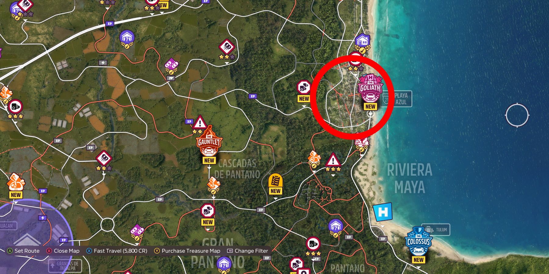Forza Horizon 5 Map with Playa Azul circled