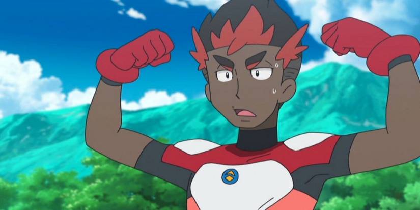Pokemon anime Kiawe posing in his Ultra Guardian suit