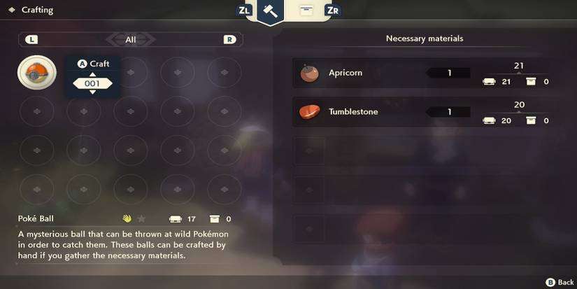 The crafting menu from Pokemon Legends: Arceus